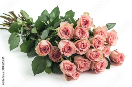 Beautiful bouquet of pink roses with green leaves lying on a white background, perfect for romantic occasions