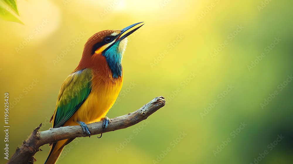 Obraz premium A colorful bird is perched on a branch in a lush green forest