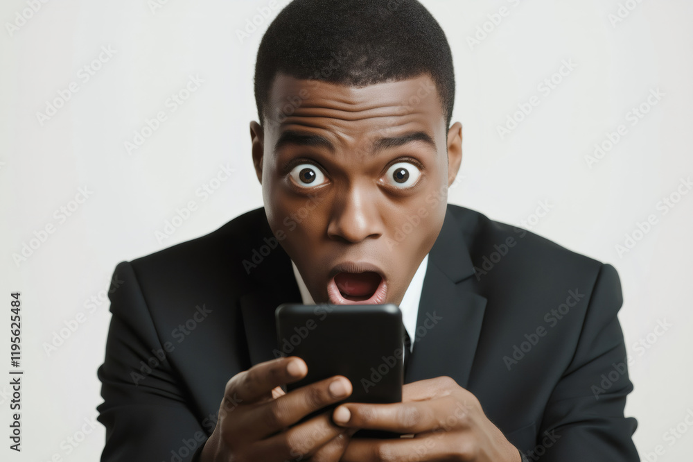 Surprised businessman holding a smartphone, displaying shock and disbelief with wide eyes and an astonished expression against a white background Surprised businessman holding a smartphone, displaying shock and disbelief with wide eyes and an astonished expression against a white background
