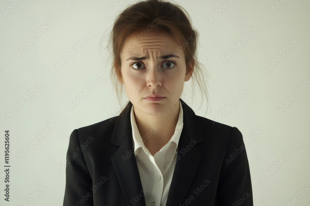 Portrait of a businesswoman with a worried expression, sweating and feeling anxious about a difficult situation Portrait of a businesswoman with a worried expression, sweating and feeling anxious about a difficult situation
