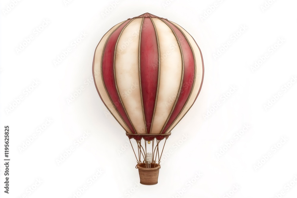 Obraz premium Colorful cartoon hot air balloon featuring vibrant red and white stripes, soaring through a bright white background, evoking a sense of adventure and freedom