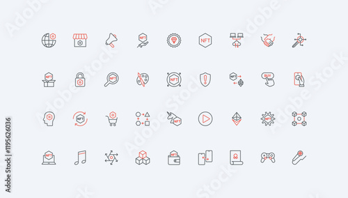 NFT, cryptocurrency payment with wallet, exchange and transfer on market line icon set. Non fungible token, movies and music, artwork utility thin black and red outline symbols vector illustration