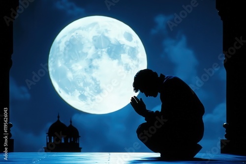 A Individual in Prayer Silhouette Against a Majestic Full Moon Over an Ethereal Night Sky with Architectural Elements in Soft Focus photo