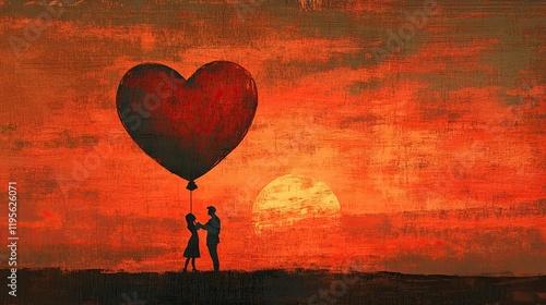 Romantic Couple Silhouette Holding Heart Balloon at Sunset