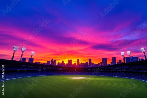 Melbourne Cricket Ground Sunset Panorama - Vibrant sunset colors paint the sky above the Melbourne Cricket Ground, city skyline silhouette, stadium lights, lush green field.  A captivating scene of sp photo