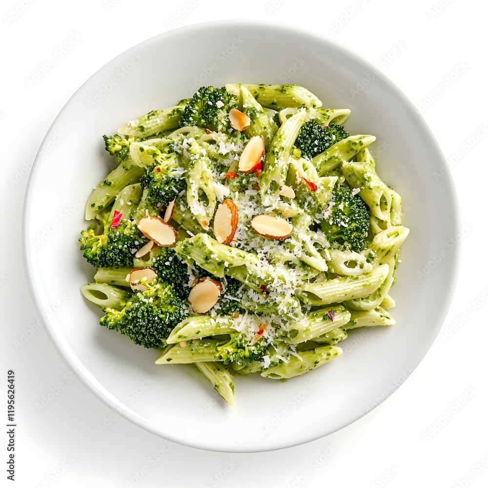Top View of Green Casarecce Pasta with Broccoli Parmesan and Almond Flakes on White Plate Top View of Green Casarecce Pasta with Broccoli Parmesan and Almond Flakes on White Plate