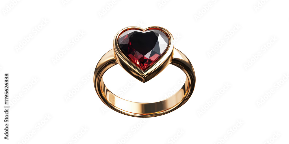 Gold ring with heart-shaped red gem isolated on transparent background Gold ring with heart-shaped red gem isolated on transparent background