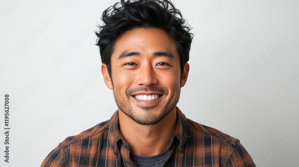 Smiling young male in plaid shirt against white background