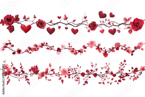 Elegant valentine's day borders featuring intertwining red roses, delicate leaves, and heart shaped accents on a pristine white background
