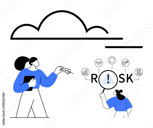 Woman studies risk with icons thumbs up graphs, alerts, and documents under a cloud. Ideal for business, analysis, finance, security, strategy, problem-solving abstract line flat metaphor