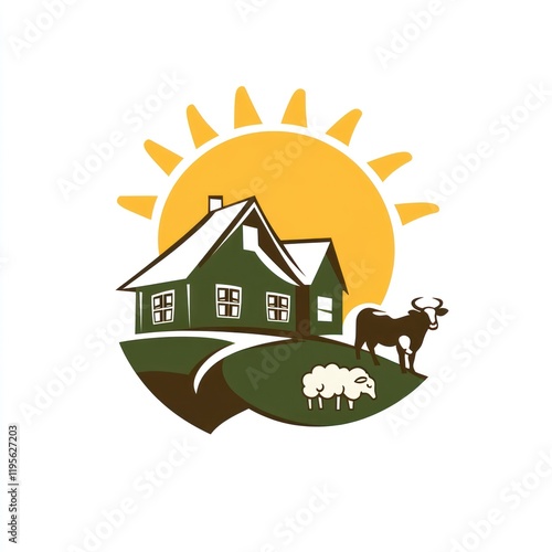 Sunny farm scene with house, cow, and sheep photo