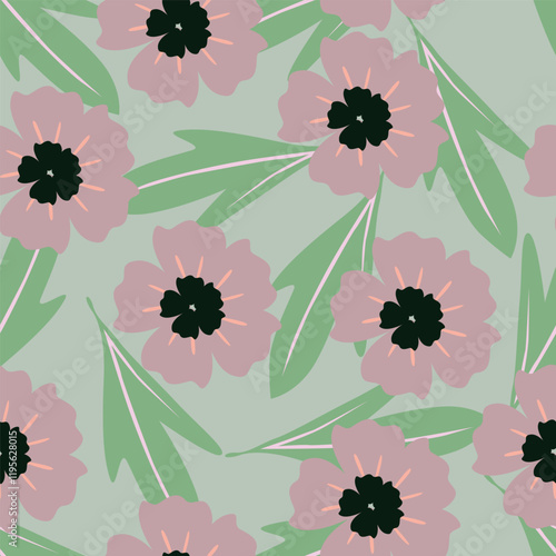 Floral pattern. Seamless background with different kinds of fabulous flowers, herbs, leaves on dark background. Beautiful Botanical texture, fashion print in orange, red, green colors. Vector.