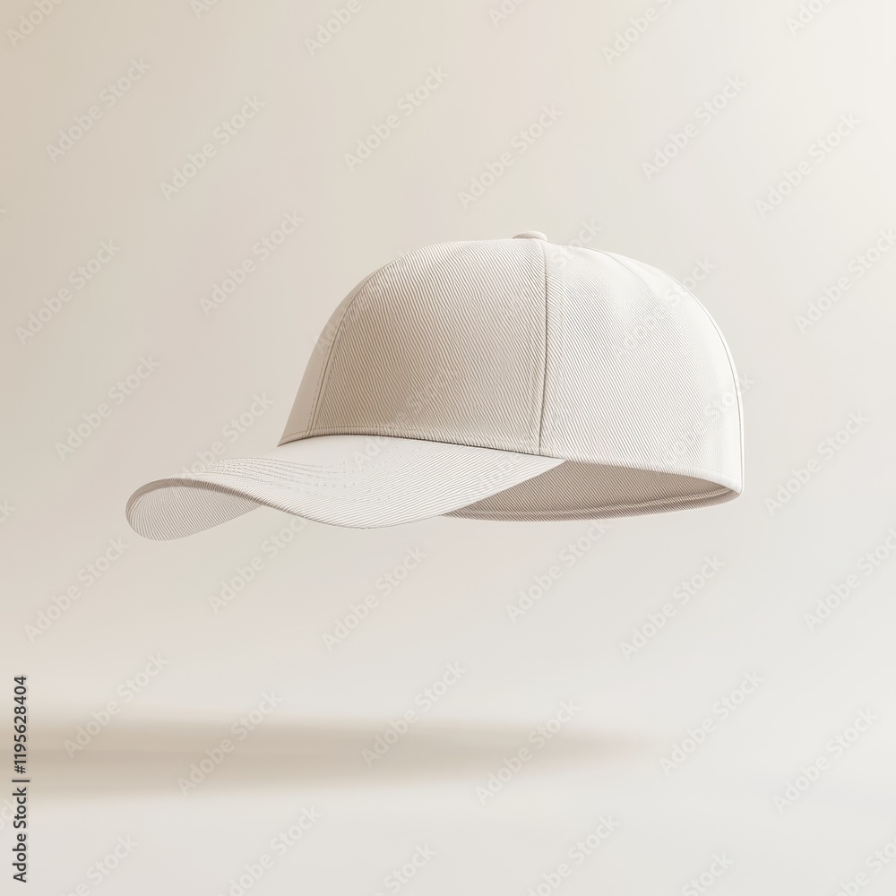 White baseball cap mockup, floating, isolated on beige background. White baseball cap mockup, floating, isolated on beige background.