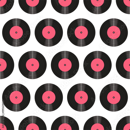 Seamless pattern print wallpaper with vinyl record discs music illustration vector retro style 60s, 70s, 80s, design art background for paper, textile, pack etc.	
