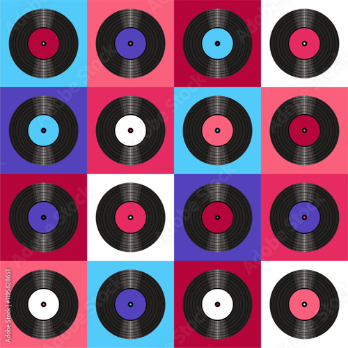 Seamless pattern print wallpaper with vinyl record discs music illustration vector retro style 60s, 70s, 80s, design art background for paper, textile, pack etc.	
