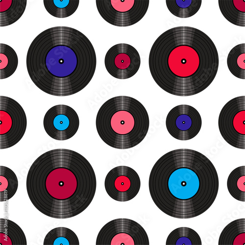 Seamless pattern print wallpaper with vinyl record discs music illustration vector retro style 60s, 70s, 80s, design art background for paper, textile, pack etc.	
