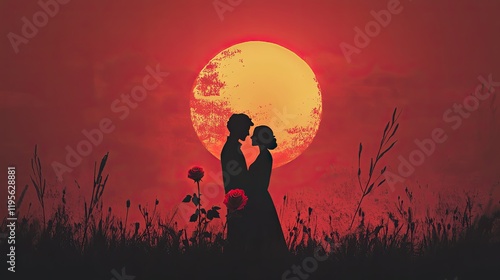 Romantic Silhouette of Couple Against a Vibrant Sunset Background