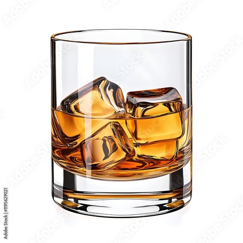 A glass of liquor with ice cubes in it