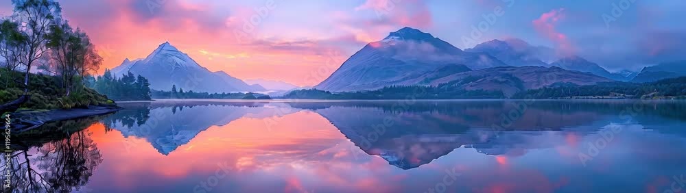 Mountains are reflected in a lake at sunset with a pink sky, landscape background Mountains are reflected in a lake at sunset with a pink sky, landscape background
