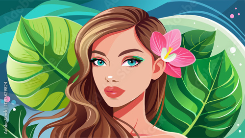 Closeup girl's face with green leave. Model with pink tropical orchid near face. Pretty girl in Skin care beauty treatments concept. ​Beautiful woman with green leave near face and body.