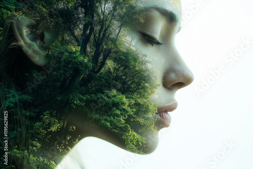 Double exposition artistique de visage de femme et forêt luxuriante, harmonie avec la nature