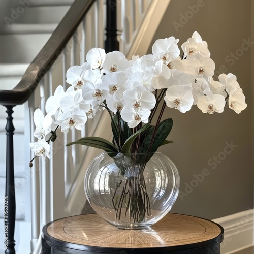 Elegant Floral Arrangement with White Phalaenopsis Orchids and Long Leaves in a Tall Clear Glass Vase photo