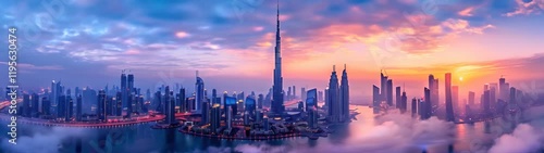 Clouds are flying over a city with skyscrapers and a bridge