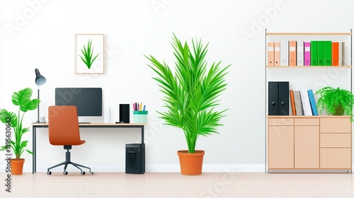 Modern Office Workspace with Plants and Computer - Bright, minimalist office featuring a desk, computer, plants, and storage.  Symbolizing productivity, organization, nature, calm, and modern design. photo