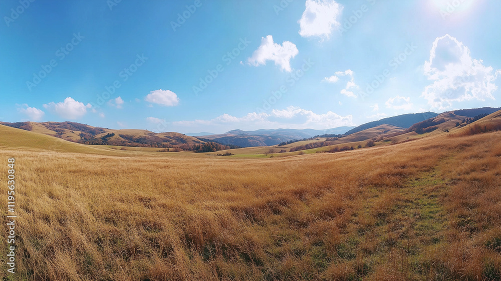 Panoramic Countryside with Rolling Green Hills and Bright Sunny Fields in a Tranquil Rural Landscape
Panoramic Countryside with Rolling Green Hills and Bright Sunny Fields in a Tranquil Rural Landscape