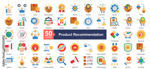Product Recommendation Icon Collection Set.Containing Personalized, Product, Recommendation, Badge, Algorithm, Upselling, Cross selling, Real time icon. Simple flat style Vector Illustration.
