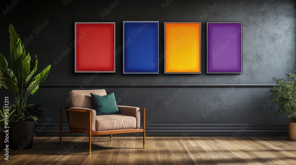 Fototapeta premium A modern abstract art piece with four colorful squares above an armchair in an office lounge with dark grey walls, wooden floors, and a potted plant