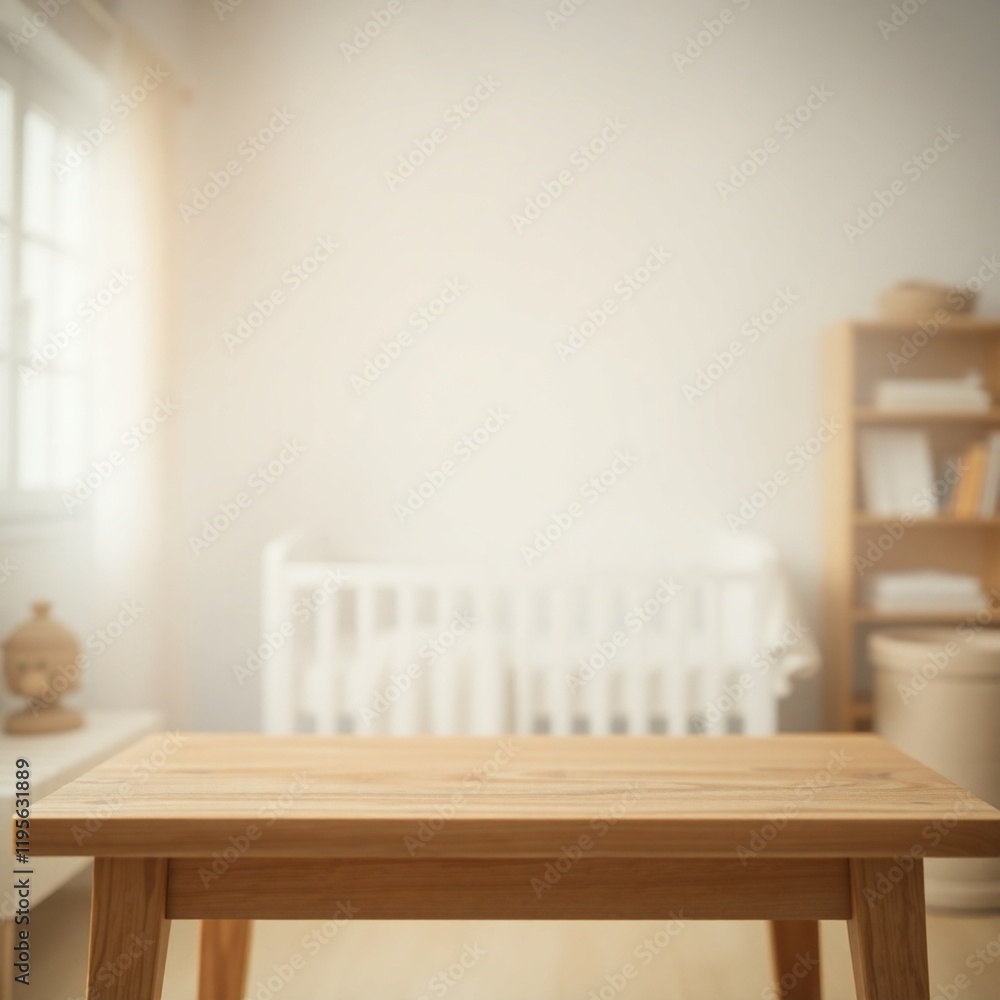 Empty wooden table and a blurry baby room background. Empty wooden table and a blurry baby room background.