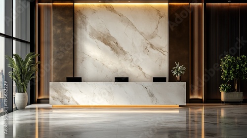 Modern hotel reception desk, city view, marble, lobby photo