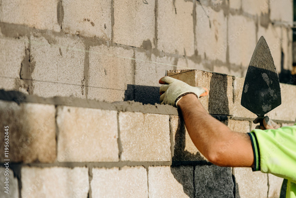 Close-up of Construction worker laying cinder stone blocks on a building site during daylight hours Close-up of Construction worker laying cinder stone blocks on a building site during daylight hours