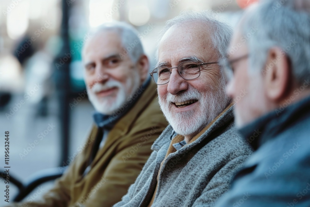 Three elderly men sharing laughter on park bench, showcasing fri Three elderly men sharing laughter on park bench, showcasing fri