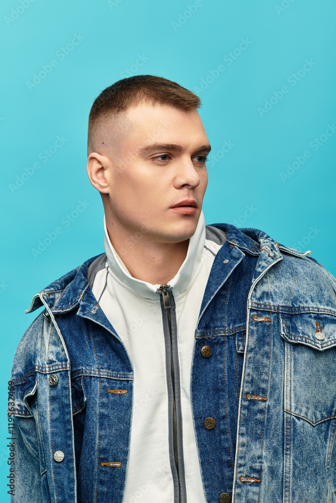 Obraz premium A stylish young man gazes thoughtfully to the side with a confident expression, dressed in denim.
