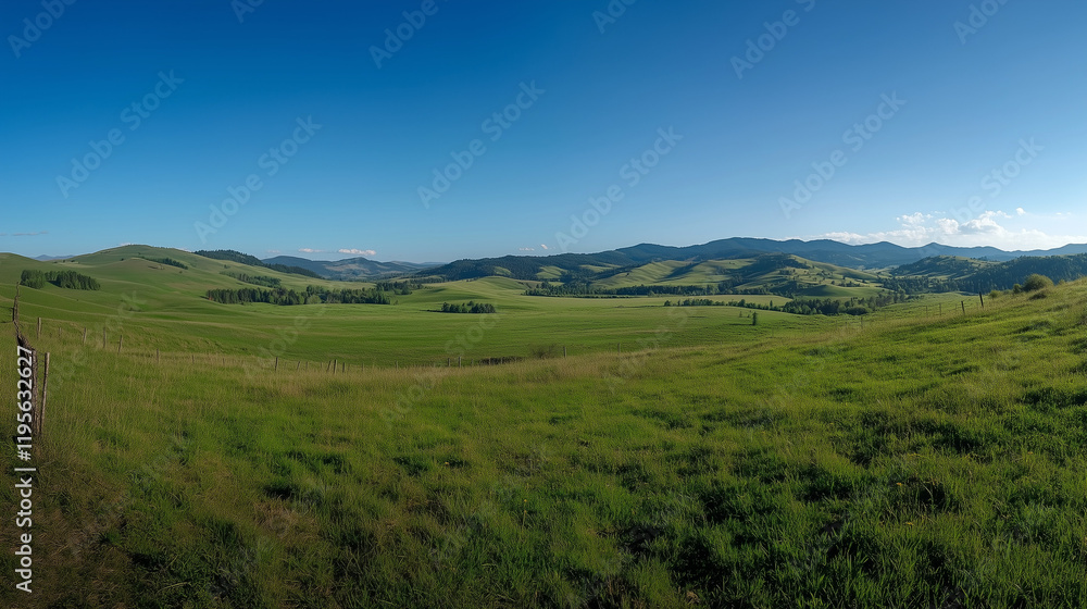 Panoramic Countryside with Rolling Green Hills and Bright Sunny Fields in a Tranquil Rural Landscape
Panoramic Countryside with Rolling Green Hills and Bright Sunny Fields in a Tranquil Rural Landscape