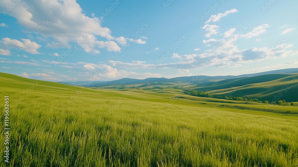 Obraz premium Panoramic Countryside with Rolling Green Hills and Bright Sunny Fields in a Tranquil Rural Landscape