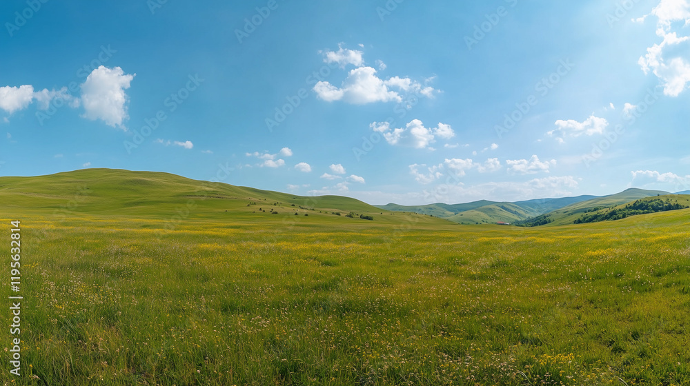 Panoramic Countryside with Rolling Green Hills and Bright Sunny Fields in a Tranquil Rural Landscape
Panoramic Countryside with Rolling Green Hills and Bright Sunny Fields in a Tranquil Rural Landscape