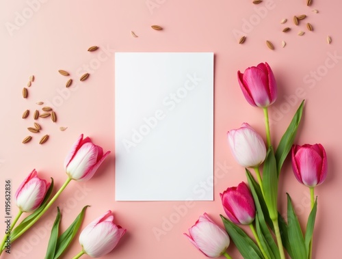 Wallpaper Mural Composition with blank card and beautiful flowers tulip on colored background. top view with space for you design Torontodigital.ca