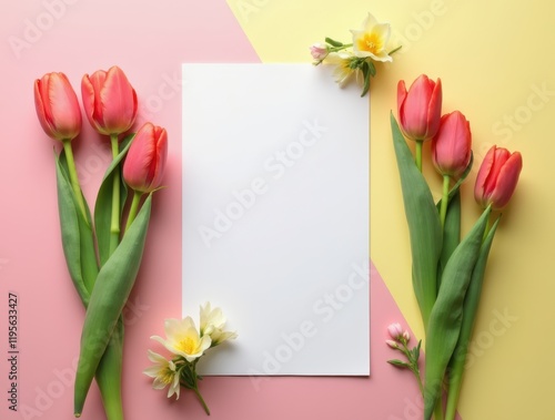 Wallpaper Mural Composition with blank card and beautiful flowers tulip on colored background. top view with space for you design Torontodigital.ca