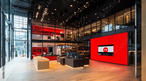 Modern retail store interior with red accents and large screen.