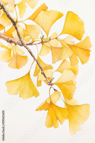 A Serene Watercolor Painting of a Ginkgo Tree with Golden Hues