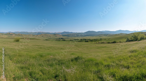 Panoramic Countryside with Rolling Green Hills and Bright Sunny Fields in a Tranquil Rural Landscape






