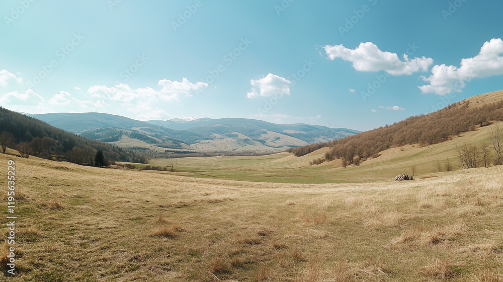 Panoramic Countryside with Rolling Green Hills and Bright Sunny Fields in a Tranquil Rural Landscape
Panoramic Countryside with Rolling Green Hills and Bright Sunny Fields in a Tranquil Rural Landscape