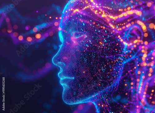 A stunning digital artwork depicting a futuristic human face composed of glowing neon blue and orange neural connections, symbolizing AI technology and cybernetics