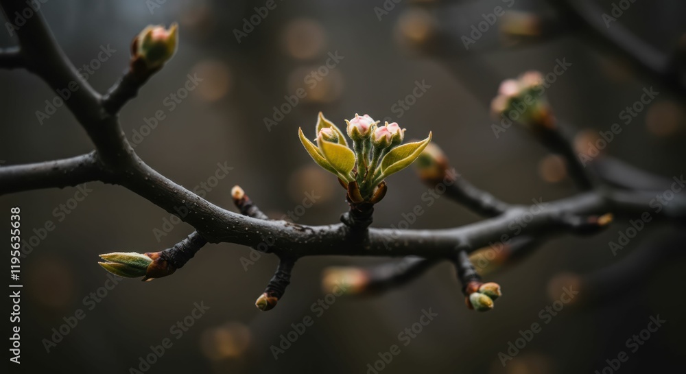 Close-up of budding branch with fresh leaves in spring Close-up of budding branch with fresh leaves in spring