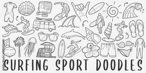 Surf Doodle Icons. Hand Made Line Art. Beach Sports Clipart Logotype Symbol Design.