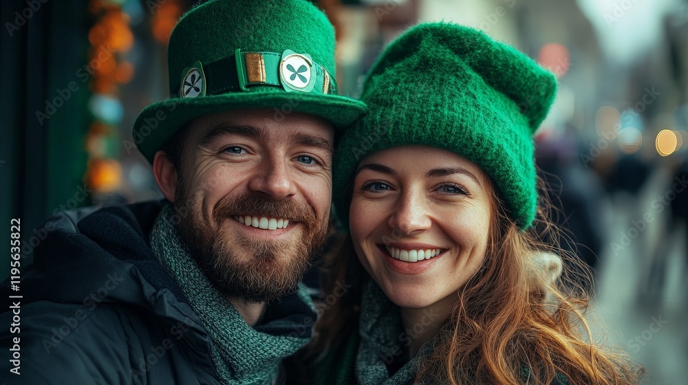 A cheerful couple celebrating St. Patrick's Day in festive green attire. Perfect for holiday promotions, cultural events, and festive celebration themes. A cheerful couple celebrating St. Patrick's Day in festive green attire. Perfect for holiday promotions, cultural events, and festive celebration themes.