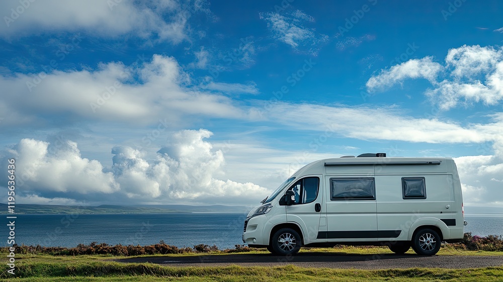 Camper van parked by the coastline under a blue sky with clouds Camper van parked by the coastline under a blue sky with clouds